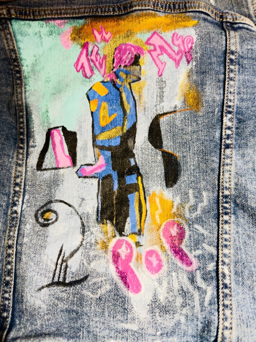Youth XL, Women’s SMALL Hand-Painted abstract design, Denim Jeans Jacket.